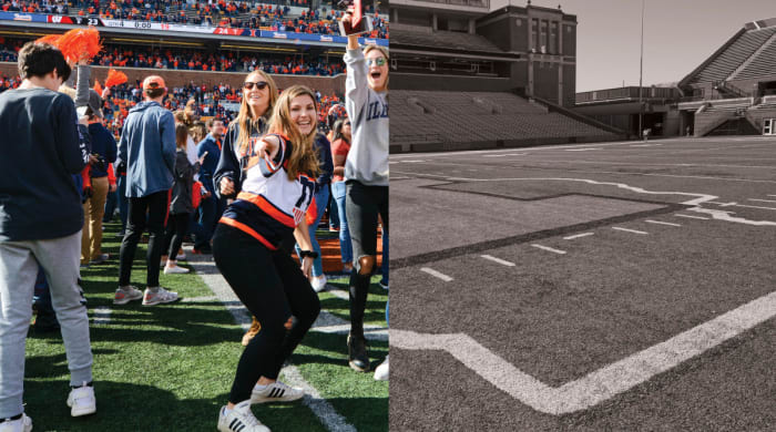 Illinois fans on the field split with an empty field